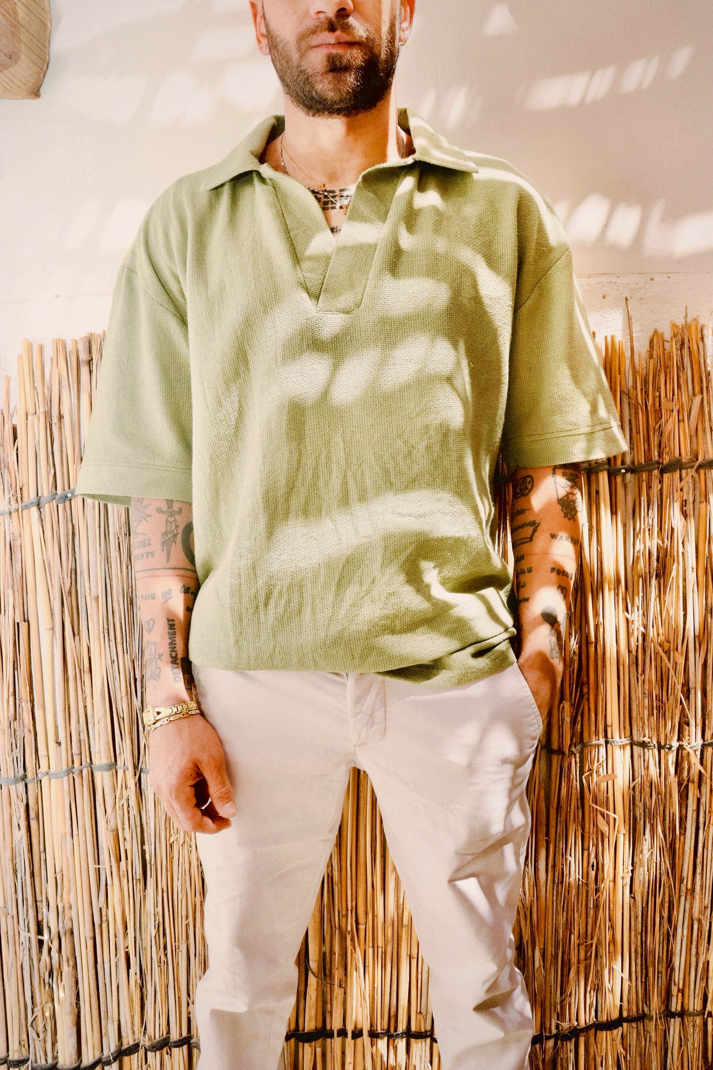 Waffle Knit Shirt in Olive Green